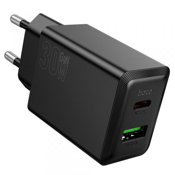 Hoco Wall Charger N71, 30W, 3A, 1 x USB-A - 1 x USB-C, Black