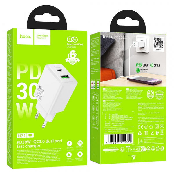 Hoco Wall Charger N71, 30W, 3A, 1 x USB-A - 1 x USB-C, White