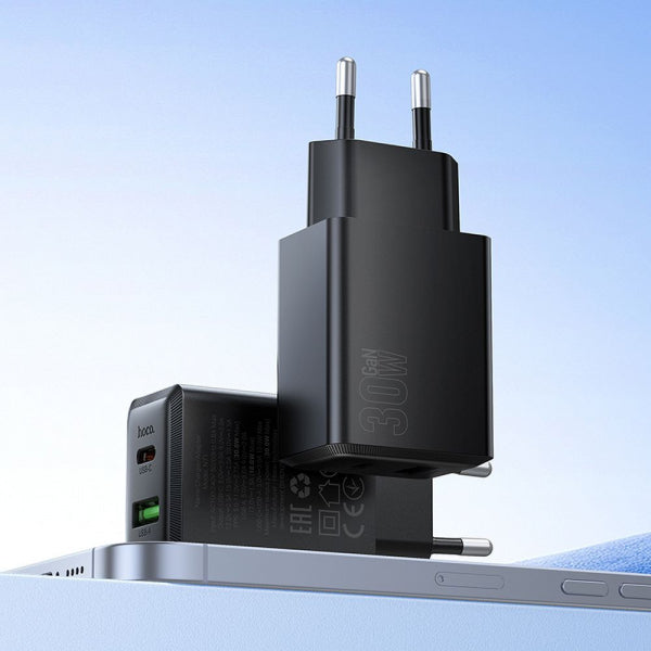 Hoco Wall Charger N71, 30W, 3A, 1 x USB-A - 1 x USB-C, Black