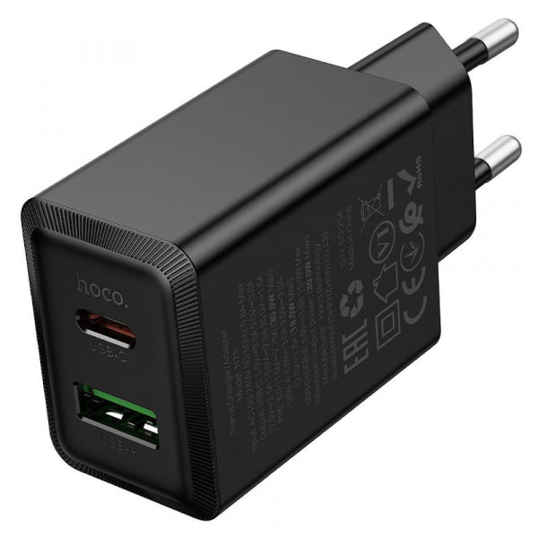 Hoco Wall Charger N71, 30W, 3A, 1 x USB-A - 1 x USB-C, Black