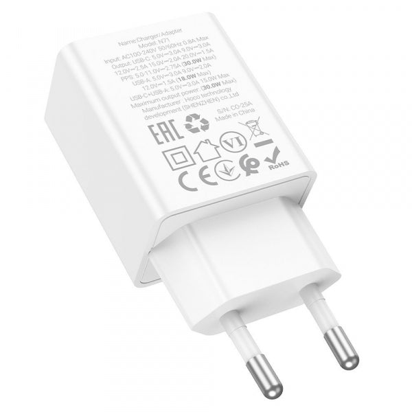 Hoco Wall Charger N71, 30W, 3A, 1 x USB-A - 1 x USB-C, White