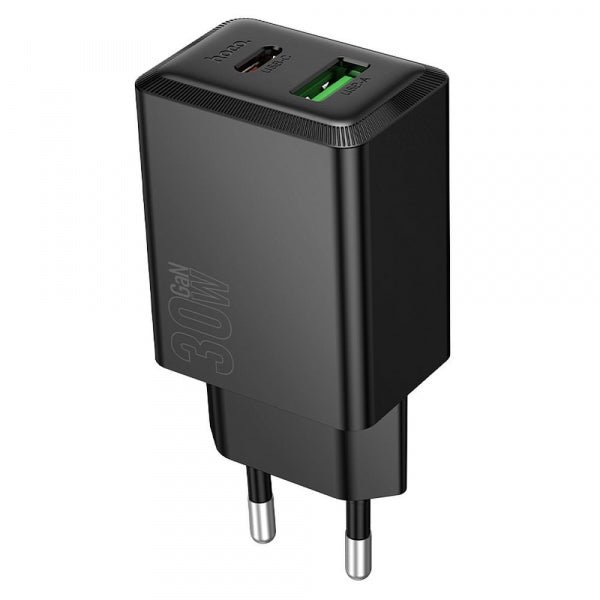 Hoco Wall Charger N71, 30W, 3A, 1 x USB-A - 1 x USB-C, Black