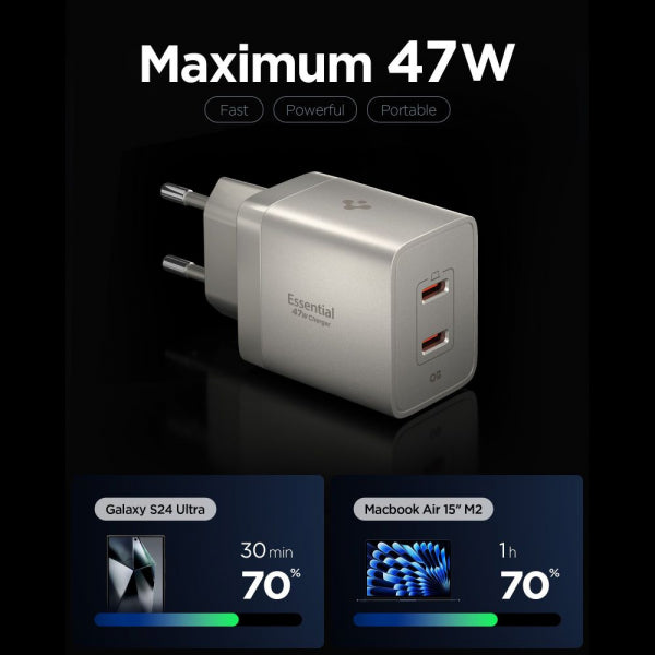 Spigen Wall Charger EE472EU Essential, 47W, 3A, 2 x USB-C, Natural Titanium ACH10451