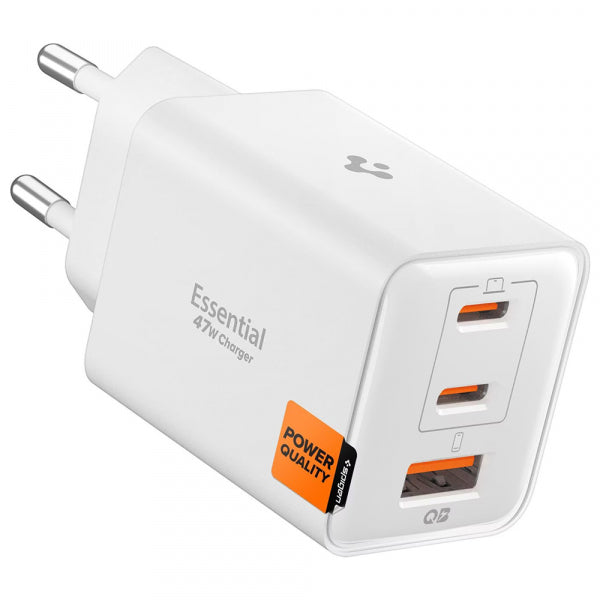 Spigen Wall Charger EE473EU Essential, 47W, 3A, 1 x USB-A - 2 x USB-C, White ACH09464