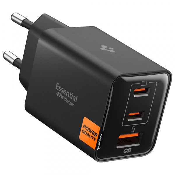 Spigen Wall Charger EE473EU Essential, 47W, 3A, 1 x USB-A - 2 x USB-C, Black ACH09465