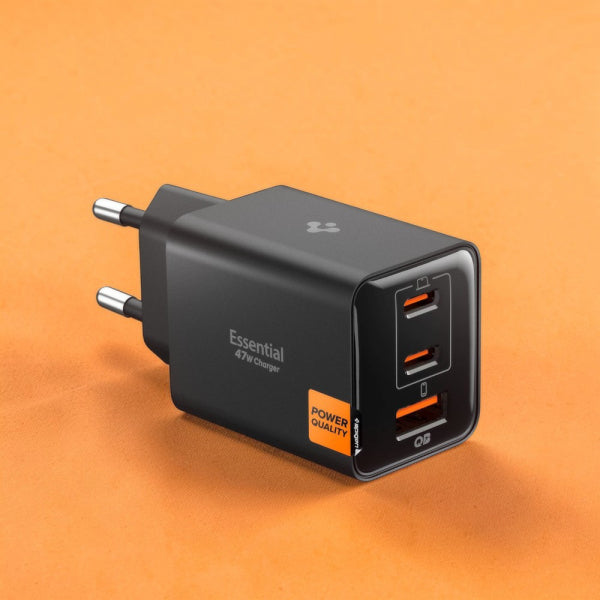 Spigen Wall Charger EE473EU Essential, 47W, 3A, 1 x USB-A - 2 x USB-C, Black ACH09465