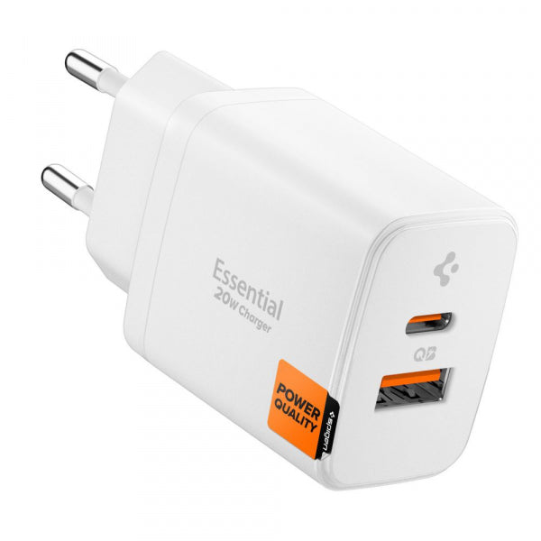 Spigen Wall Charger Essential, 20W, 3A, 1 x USB-A - 1 x USB-C, White ACH08704