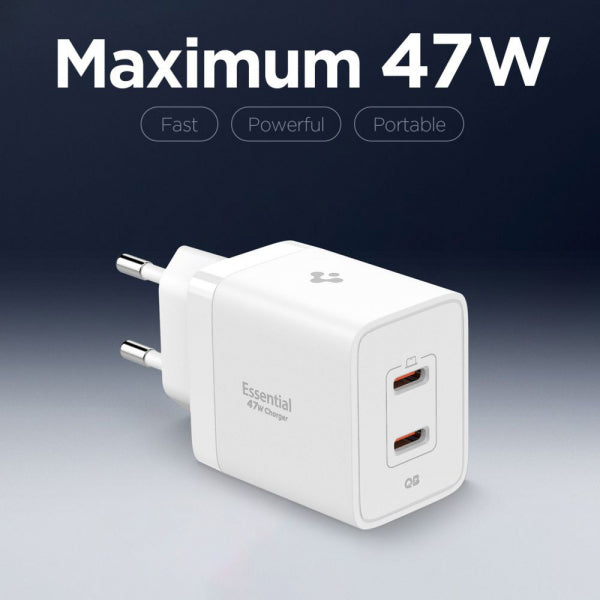 Spigen Wall Charger Essential, 47W, 3A, 2 x USB-C, White ACH08707