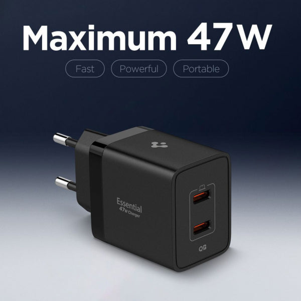 Spigen Wall Charger Essential, 47W, 3A, 2 x USB-C, Black ACH09457