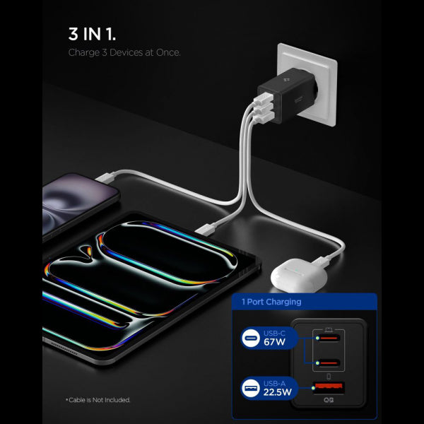 Spigen Wall Charger Essential, 67W, 3.25A, 1 x USB-A - 2 x USB-C, Black ACH09458