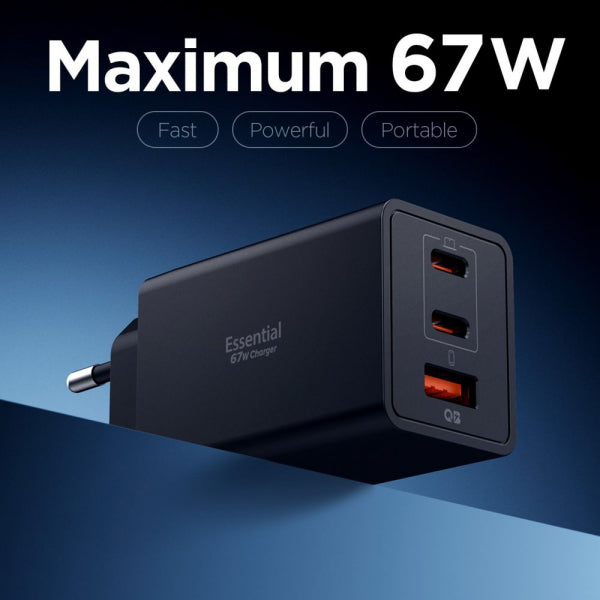 Spigen Wall Charger Essential, 67W, 3.25A, 1 x USB-A - 2 x USB-C, Black ACH09458