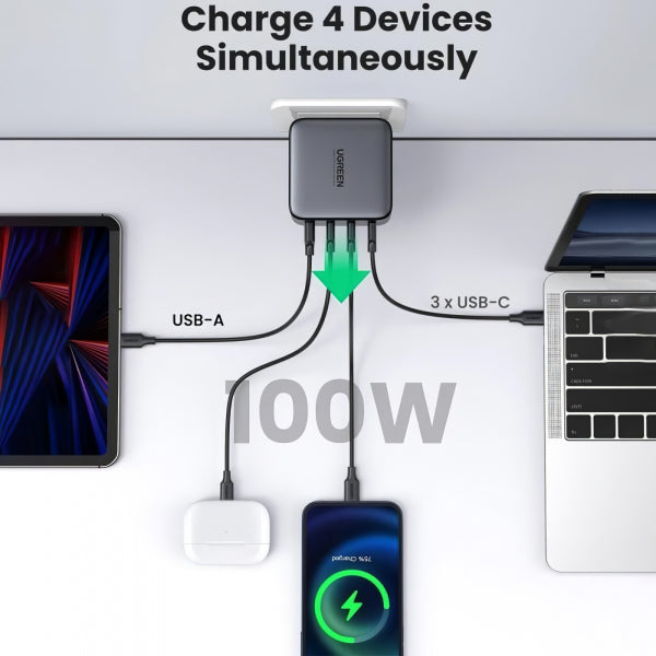 Ugreen Wall Charger CD226, 100W, 5A, 1 x USB-A - 3 x USB-C, Black