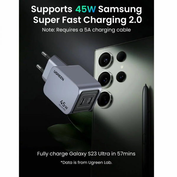 Ugreen Wall Charger X707 Nexode Pro, 45W, 3A, 2 x USB-C, Grey