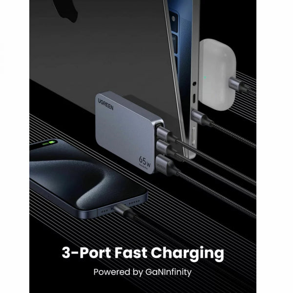 Ugreen Wall Charger X753 Nexode Pro, 65W, 3A, 1 x USB-A - 2 x USB-C, Grey