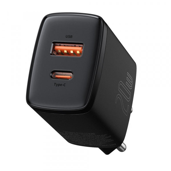 Baseus Wall Charger Compact, 20W, 3A, 1 x USB-A - 1 x USB-C, Black CCXJ-B01