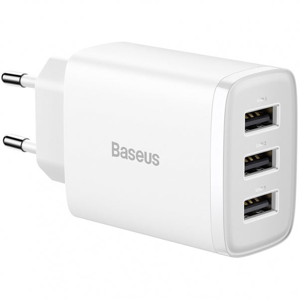 Baseus Wall Charger Compact 3U, 17W, 2.1A, 3 x USB-A, White CCXJ020102