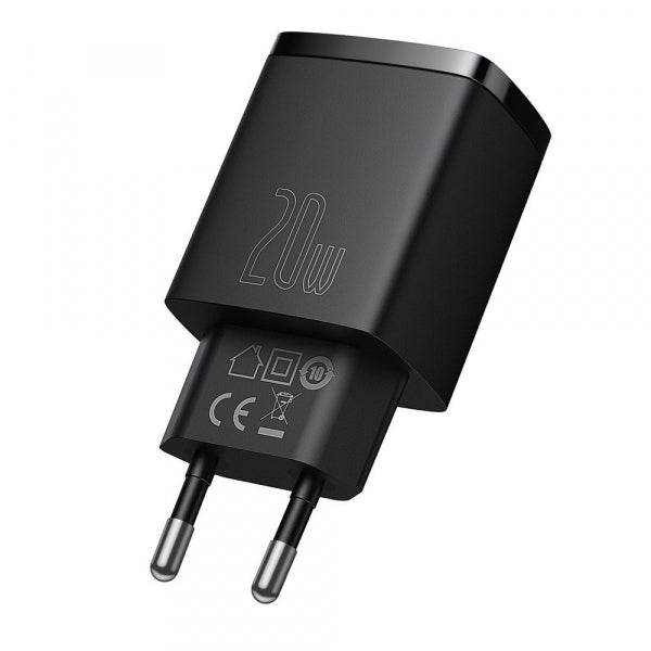 Baseus Wall Charger Compact, 20W, 3A, 1 x USB-A - 1 x USB-C, Black CCXJ-B01