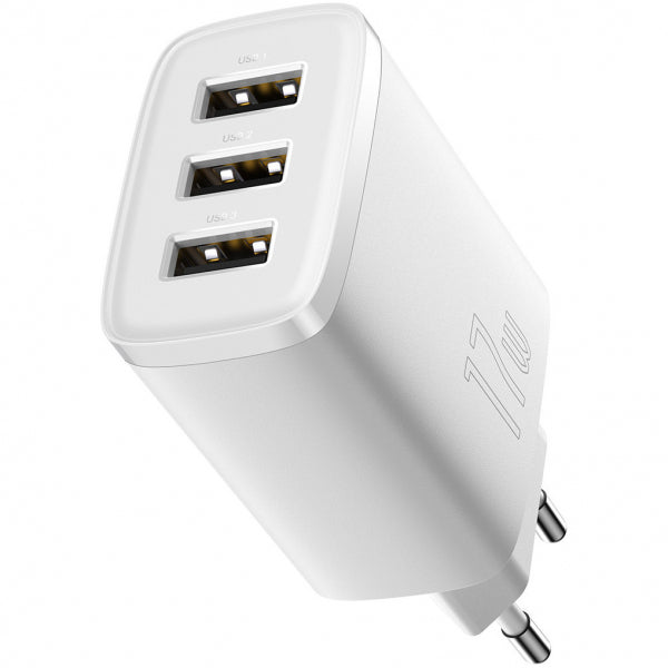 Baseus Wall Charger Compact 3U, 17W, 2.1A, 3 x USB-A, White CCXJ020102