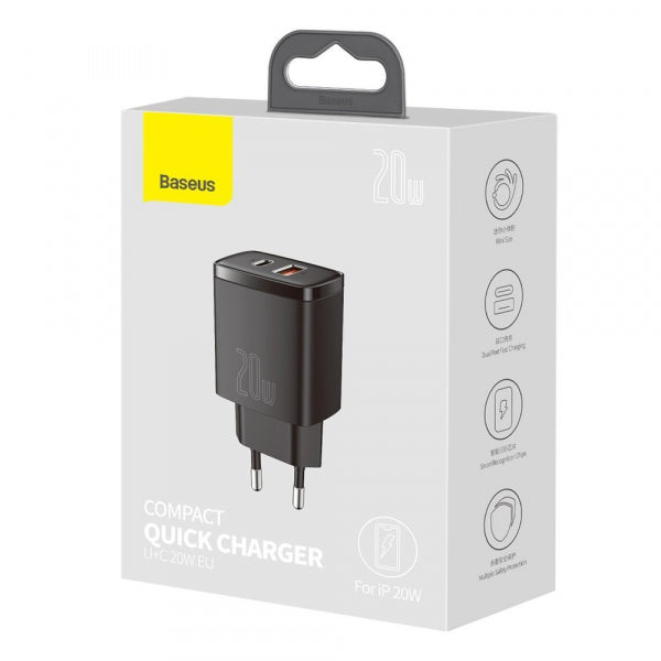 Baseus Wall Charger Compact, 20W, 3A, 1 x USB-A - 1 x USB-C, Black CCXJ-B01