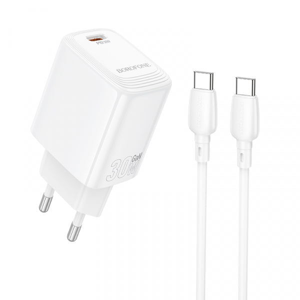 Borofone Wall Charger BN28 Fuente, 30W, 3A, 1 x USB-C, with USB-C Cable, White