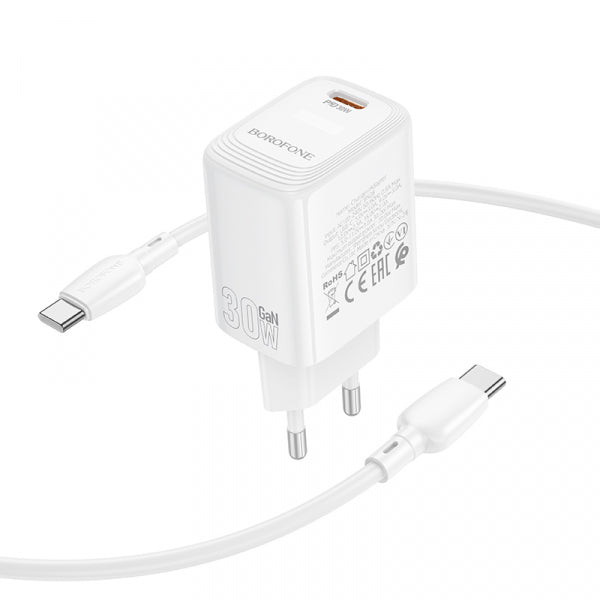 Borofone Wall Charger BN28 Fuente, 30W, 3A, 1 x USB-C, with USB-C Cable, White