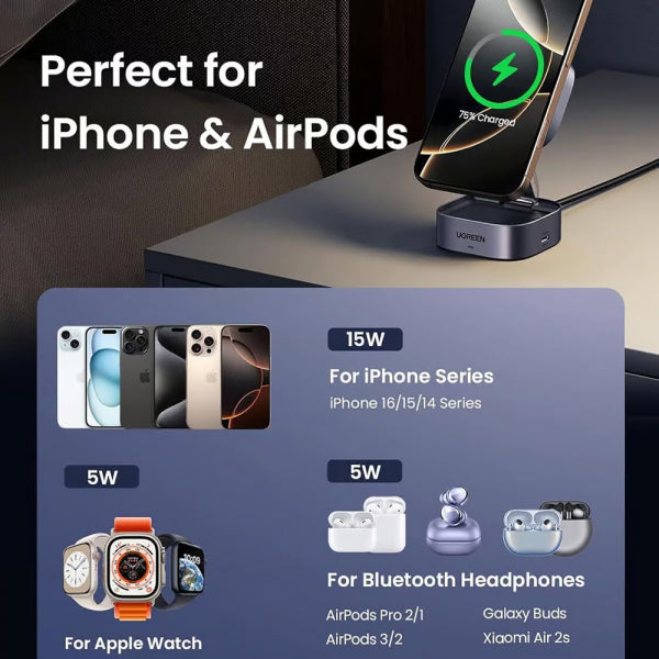 Ugreen Wireless Charger W702 3in1, 20W, 1.67A, 1 x USB-C, Black