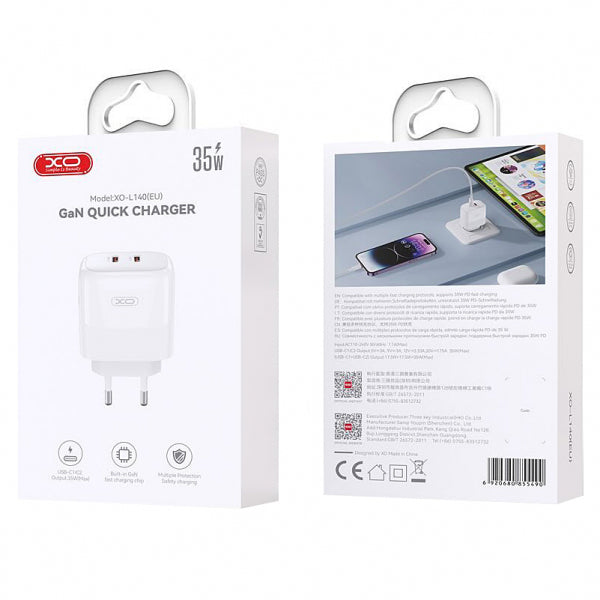 XO Design Wall Charger L140, 35W, 3A, 2 x USB-C, White