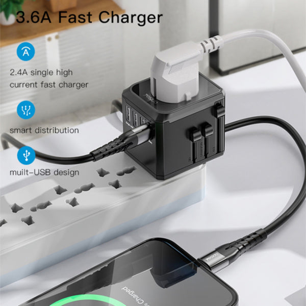 Yesido Wall Charger MC10 Travel, 12W, 2.4A, 1 x USB-C - 3 x USB-A, Black