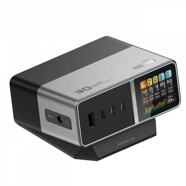Cuktech Desktop Charger TA3005U, 300W, 1 x DC - 1 x USB-A - 3 x USB-C, Grey