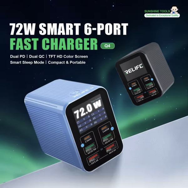 Relife Desktop Charger Q4, 72W, 5A, 2 x USB-C - 4 x USB-A, Blue