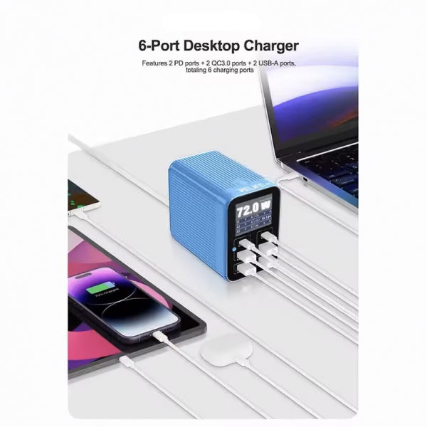 Relife Desktop Charger Q4, 72W, 5A, 2 x USB-C - 4 x USB-A, Blue