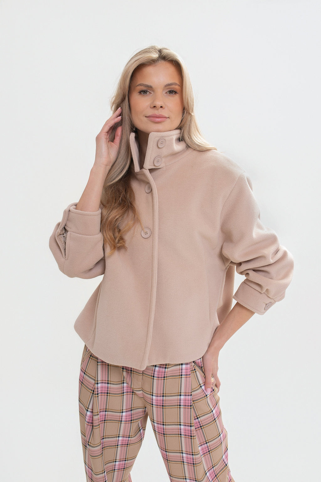 Veste pour femme en molleton, avec col montant et plis creux