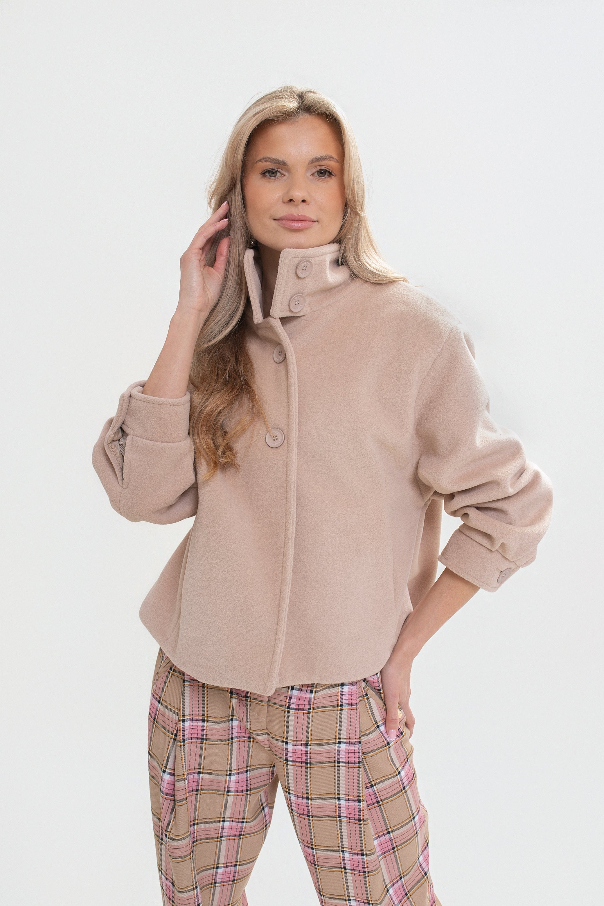 Veste pour femme en molleton, avec col montant et plis creux