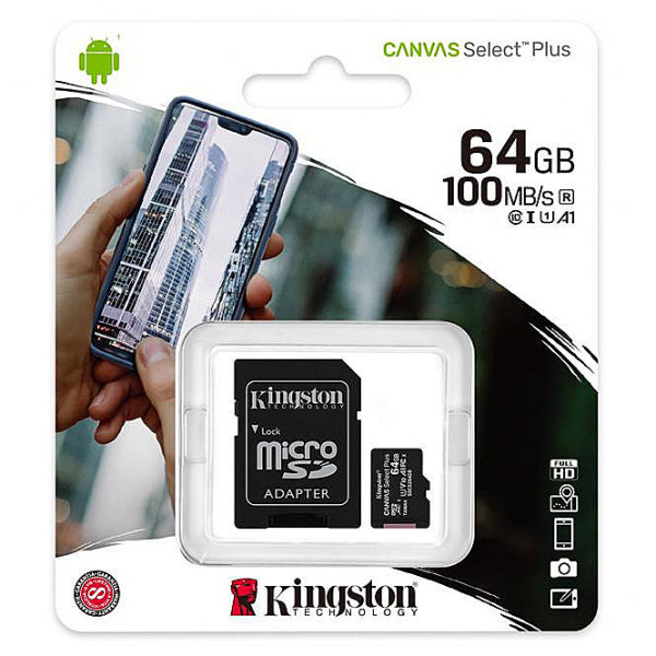 Kingston microSDXC Memory Card Canvas Select Plus Android A1 with Adapter, 64Gb, Class 10 / UHS-1 U1 SDCS2/64GB