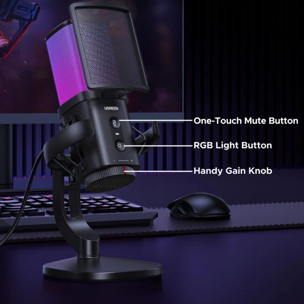 Ugreen Cardioid Microphone CM581 (65629), RGB, USB-C, 1.5m, Black