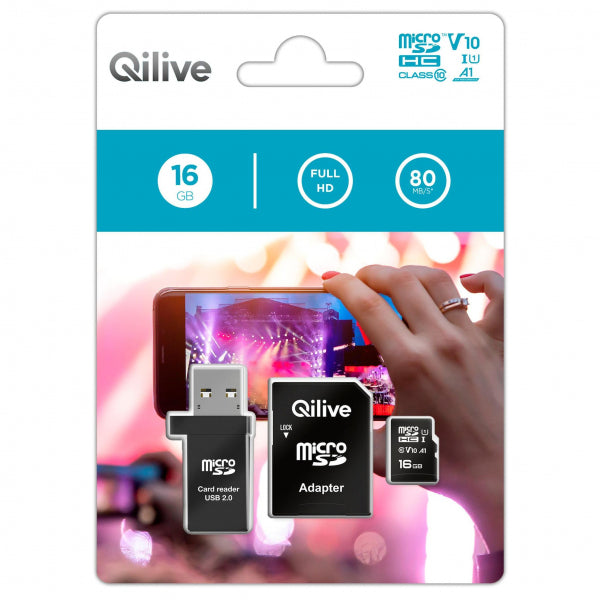 Qilive microSDHC Memory Card with Card Reader and Adapter, 16Gb, Class 10 EKMSDM16GHC10QL