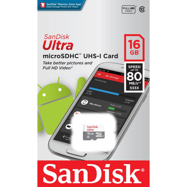 SanDisk microSDHC Memory Card Ultra, 16Gb, Class 10 SDSQUNS-016G-GN3MN