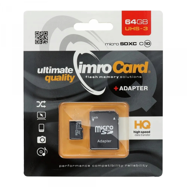 Imro microSDXC Memory Card with Adapter, 64Gb, Class 10 / UHS-1 U3
