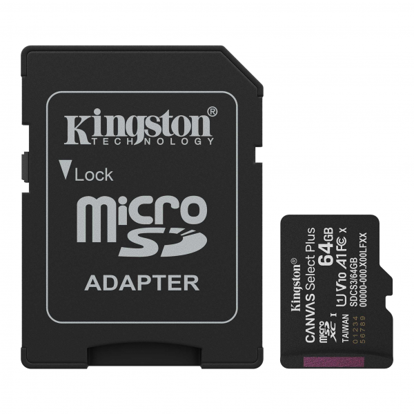 Kingston microSDXC Memory Card Canvas Select Plus Android A1 with Adapter, 64Gb, Class 10 / UHS-1 U1 SDCS3/64GB