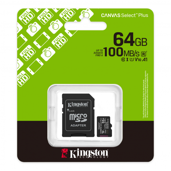 Kingston microSDXC Memory Card Canvas Select Plus Android A1 with Adapter, 64Gb, Class 10 / UHS-1 U1 SDCS3/64GB