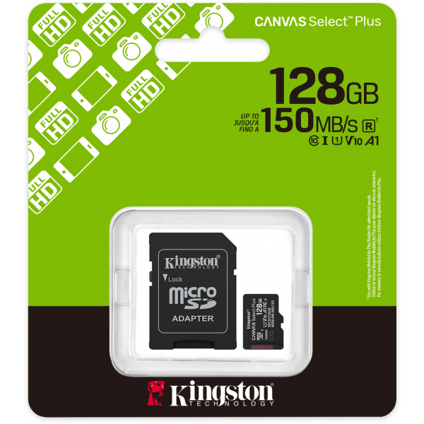 Kingston microSDXC Memory Card Canvas Select Plus Android A1 with Adapter, 128Gb, Class 10 / UHS-1 U1 SDCS3/128GB