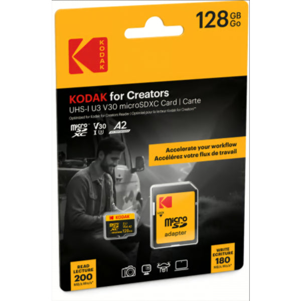 Kodak microSDXC Memory Card for Creators with Adapter, 128Gb, Class 10 / UHS-1 U3 EKMSDM128GXCU3CR