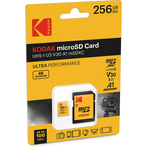 Kodak microSDXC Memory Card Ultra Performance with Adapter, 256Gb, Class 10 / UHS-1 U3 EKMSDM256GXC10HPRK