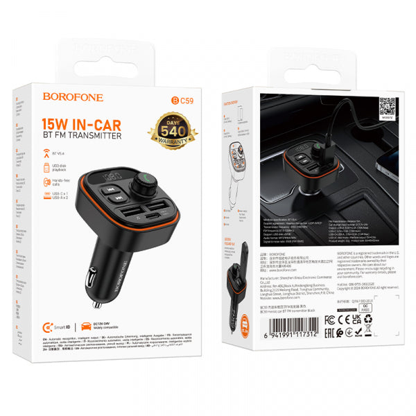 Borofone Bluetooth FM Transmitter and Car Charger BC59 Heroic, 2 x USB-A - 1 x USB-C, Black
