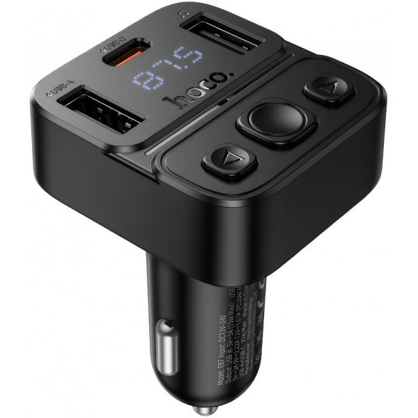 Hoco Bluetooth FM Transmitter and Car Charger E87, 2 x USB-A - 1 x USB-C, Black