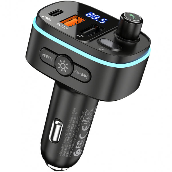 Hoco Bluetooth FM Transmitter and Car Charger E62 Fast, 2 x USB-A - 1 x USB-C, Black