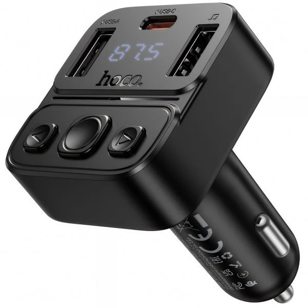 Hoco Bluetooth FM Transmitter and Car Charger E87, 2 x USB-A - 1 x USB-C, Black