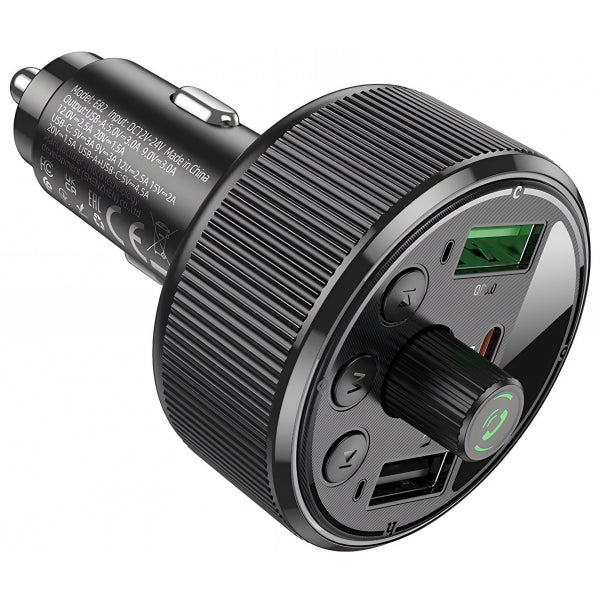 Hoco Bluetooth FM Transmitter and Car Charger E82, 2 x USB-A - 1 x USB-C, Black