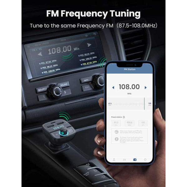 Ugreen Bluetooth FM Transmitter and Car Charger CD229, 2 x USB-A - 1 x USB-C - 1 x microSD, Black