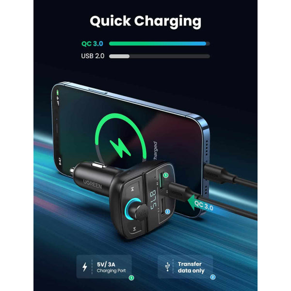 Ugreen Bluetooth FM Transmitter and Car Charger CD229, 2 x USB-A - 1 x USB-C - 1 x microSD, Black